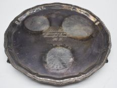 Mappin & Webb Elizabeth II hallmarked silver salver with gadrooned edge, raised on three ball and