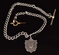 Edwardian silver watch chain with fob and watch key, 42cm long