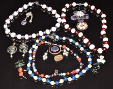 Three pearl necklaces, coral earrings, silver earrings, Victorian brooch, shamrock brooch etc