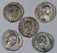 Five silver Roman Imperial Denarius coins to include Faustina Junior 146AD, Lucius Versus 162-9AD,