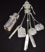 Victorian hallmarked silver chatelaine with embossed decoration to hanger, Birmingham 1890, maker'