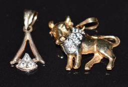 A 9ct gold pendant (0.7g) and 14ct gold pendant in the form of a bull set with cubic zirconia 2.1g