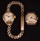 Two gold ladies wristwatches comprising one J W Benson 18ct gold and one 9ct gold both with blued