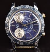 Lucerne Sport gentleman's world time chronograph with blue dial, silver subsidiary dials,