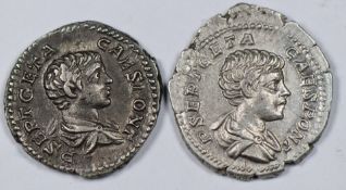 Roman Imperial Severan Dynasty, AD193-235 GETA, silver Denarius, Roman 200-202AD, NEF: two examples,