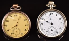 Two keyless winding open faced pocket watches, one Lagendorf silver Art Deco example the other F C