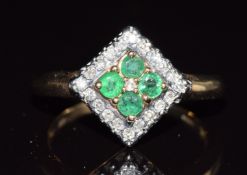A 9ct gold ring set with emeralds and diamonds in a square setting, 4g, size P
