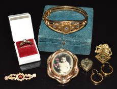 Edwardian plated bangle set with blue paste and diamonds, pinchbeck swivel brooch, other plated