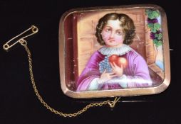 Victorian 9ct gold brooch set with a painted porcelain plaque depicting a young woman holding fruit,
