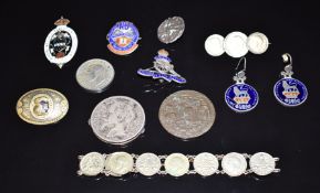 Masonic silver pendant, silver paper workers brooch, two silver enamelled coins converted to