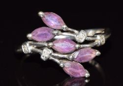 A 9ct white gold ring set with marquise cut amethysts and diamonds, 2.6g, size R