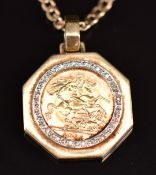Elizabeth II 2003 gold half sovereign in 9ct gold pendant mount with diamond border, with 9ct gold