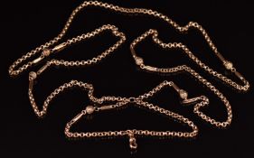 Victorian 9ct rose gold guard chain made up of filigree spheres, elongated links and oval links,