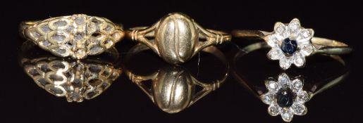 Three 9ct gold rings, one set with a sapphire and diamonds, 3.6g, sizes N & I