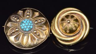 Two Victorian brooches, one set with turquoise, both with glass compartments verso, 18.5g