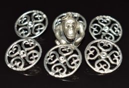 An 800 silver monkey pendant/ charm and six hallmarked silver buttons, Birmingham 1898