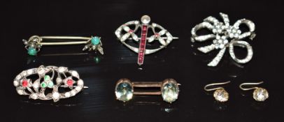 Art Deco silver brooch set with paste and mother of pearl, yellow metal Victorian brooch set with