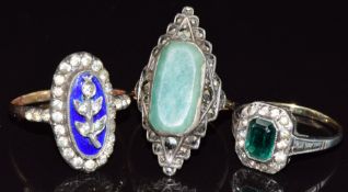 Three 9ct gold and silver rings, one Victorian set with enamel and paste