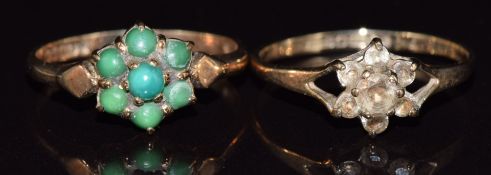 Two 9ct gold rings, one set with turquoise and one quartz, 2.8g, size K & L