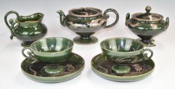 Japanese pottery part tea set with silver dragon decoration and impressed marks to base, tallest