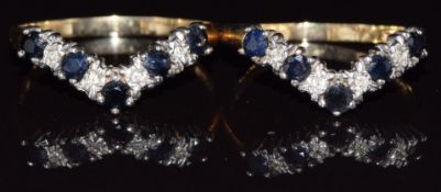 Two 9ct gold V shaped rings set with sapphires and diamonds, 3.2g, size L & O
