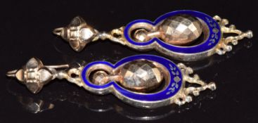 A pair of Victorian yellow metal earrings set with blue enamel and faceted drop sections, 6.2g, 5.