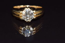 An 18ct gold ring set with a 1.7ct round brilliant cut diamond, size O, 10.6g