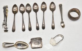 Hallmarked silver items comprising set of six teaspoons, King's pattern sugar tongs, further sugar