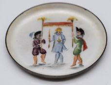 A. Michelsen Copenhagen Danish silver dish with enamel decoration of three people engaging in a