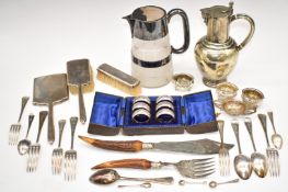 Hallmarked silver three piece dressing table set, two hallmarked silver teaspoons and a quantity