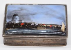 Silver and enamel pill or similar box with river scene to lid, marked 925, width 6cm