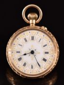 Unnamed 14ct gold ladies keyless winding open faced pocket watch with blued hands, black Roman