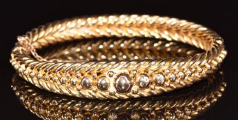 Victorian 15ct gold bangle with rope twist and sphere decoration, 21.6g, 5.8 x 5cm