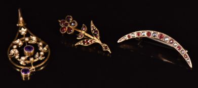 Edwardian 9ct gold pendant set with amethysts and seed pearls, a 9ct gold crescent brooch set with