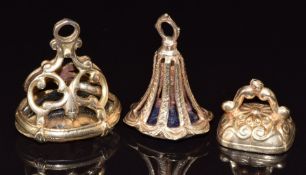 A 9ct gold fob set with smoky quartz, 9ct gold intaglio seal set with blue quartz carved in the form