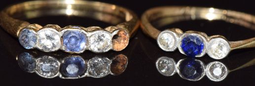 Two 18ct gold rings set with diamonds and sapphires 4.7g, size Q/R