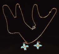 Two 14k gold pendants set with faux turquoise on 14k gold chain 2g, 60cm long