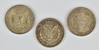 Three 1921 USA silver Morgan dollars