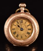 Unnamed 14ct gold ladies keyless winding open faced pocket watch with blued hands, black Roman