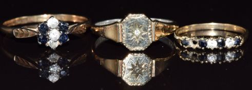Two 9ct gold rings set with sapphires and cubic zirconia and a 9ct gold and silver signet ring set