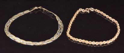 A 9ct gold plaited tri-coloured bracelet and a 9ct gold rope twist bracelet, 18cm, 19cm long, 4.3g