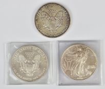 Three USA Liberty silver dollars 1993, 1997 and 1998