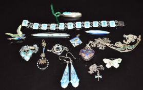 A collection of silver and enamel jewellery including JA & S brooch, bracelet, pendant, earrings,