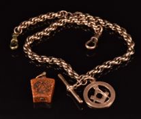 A 9ct gold watch chain, 9ct gold Masonic fob and a sunstone fob, 22g, 34cm long