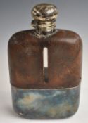 Large silver plated and leather covered hip flask, with pull off cup to lower half of body and