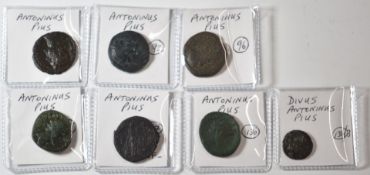 Roman Imperial. The Antonines AD138-193 Antoninus Pius bronze coins x 7, largest 28mm, smallest