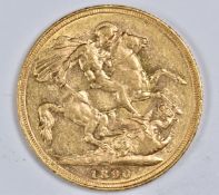 1890 Queen Victoria Jubilee head gold full sovereign, Melbourne mint