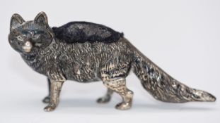 Edward VII hallmarked silver novelty pin cushion formed as a fox, Birmingham 1906, maker Levi &