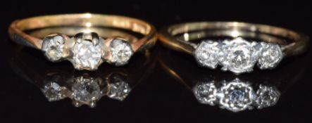 Two Art Deco 18ct gold rings each set with three diamonds, 3.8g, size N