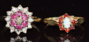 A 9ct gold ring set with rubies and diamonds in a cluster (size M) and a 9ct gold ring, 4.8g